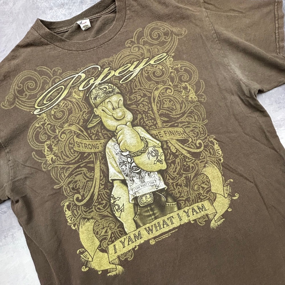 Vintage 2010 Popeye I Yam What I Yam Graphic T-Shirt Brown Mens Large Y2K Delta - Picture 4 of 7